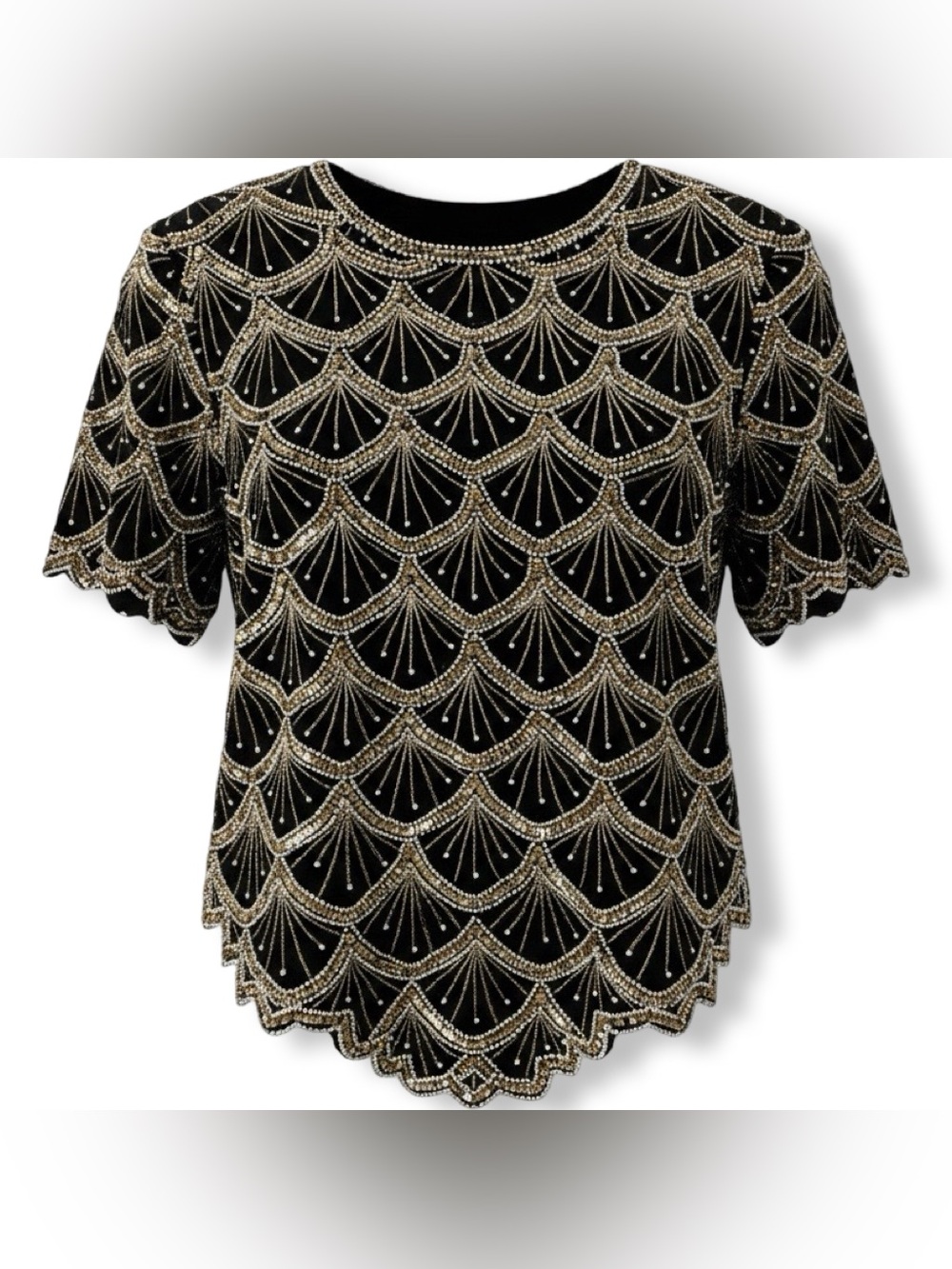 Lawrence Kazar‎ Vintage Beaded Black Gold Silver Pearl Scallop Shell Top L